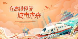 黄色卡通国潮风中国高铁宣传展板